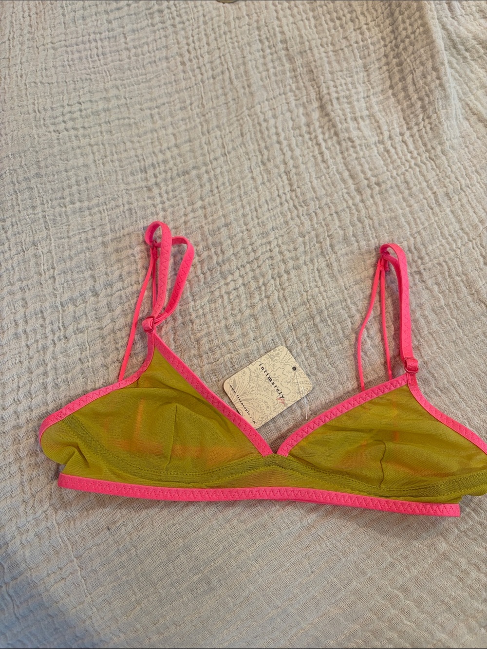 Free People Olive Mesh Bralette with Neon Pink Trim